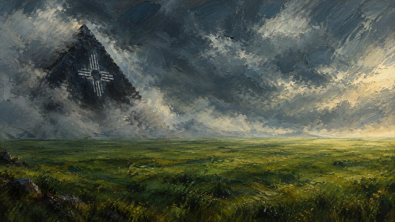 A storm over a green field, with a pyramid marked by a sun